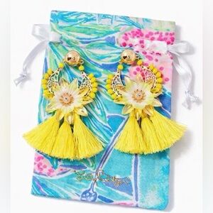 Lilly Pulitzer Capri Soleil Beaded Floral Statement Earrings w/Tassels & Pouch